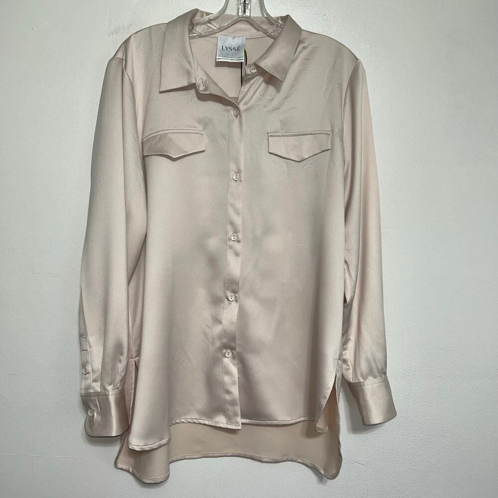 Lysse Champagne Satin Button Up Shirt Long Sleeve Large